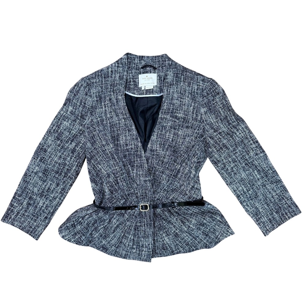 Kate Spade Black White Tweed Peplum Belted Blazer Jacket NJMU1967 Size 2